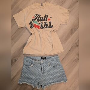 Anti-social Beige Graphic Tee and Thrill Blue Denim Shorts
